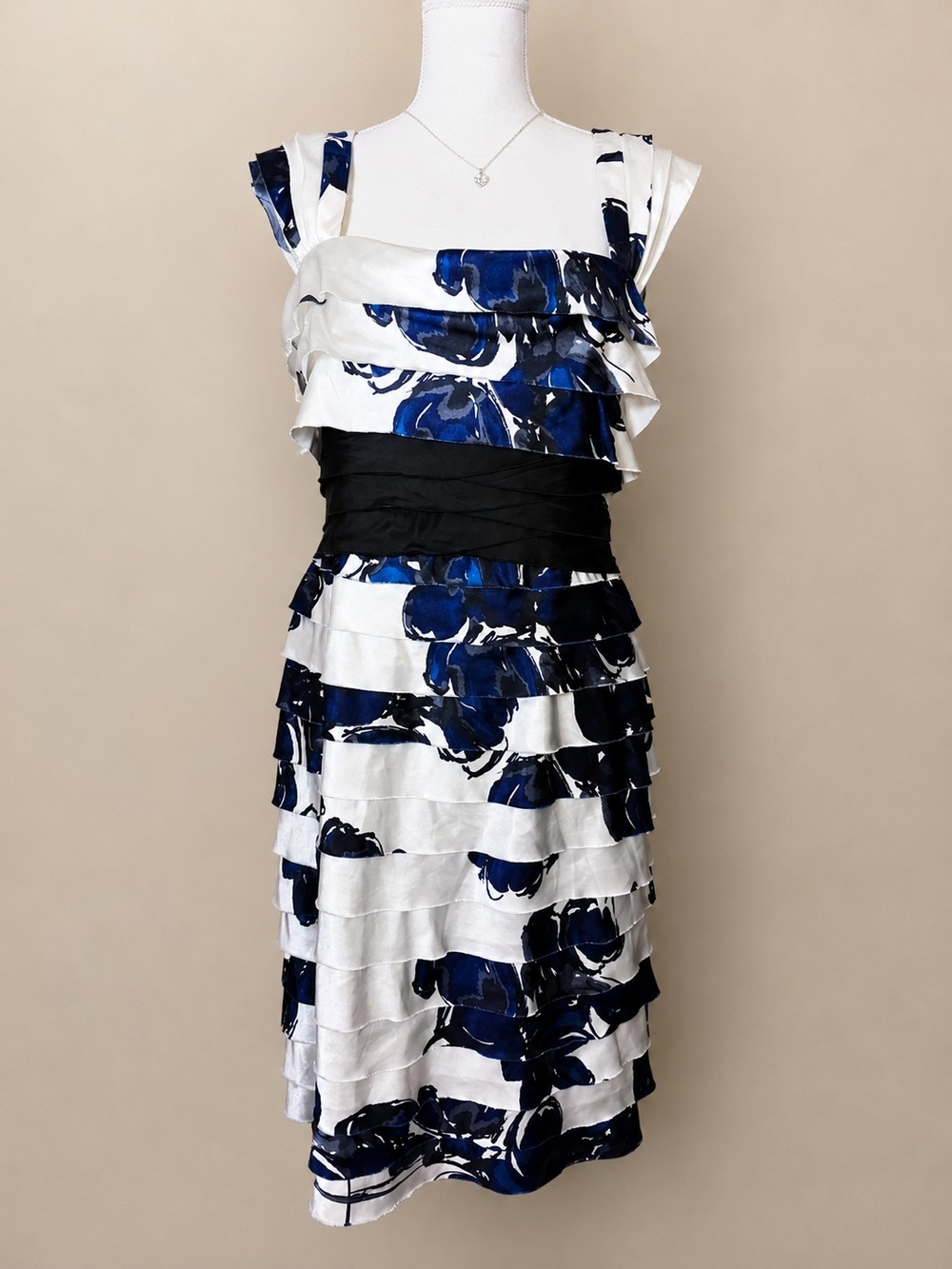 Jones New York White and Navy Floral Tiered Midi Dress with Black Waistband